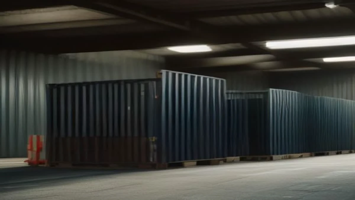Photograph: medium shot of a wide shot of loading docks with containers and a forklift in motion, overcast diffused light